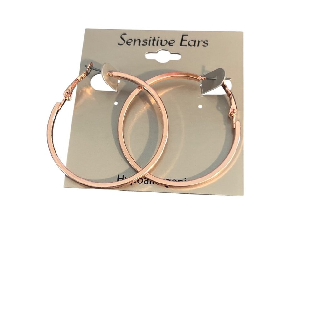 Rose Gold Tone Hoop Earrings Lever Back Sensitive Ears 1 7/8" New on Card